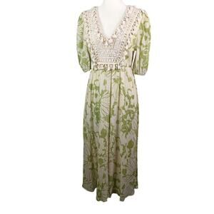 Anewsta Floral Crochet‎ Tassel Shells Boho Midi Dress S Green Puff Sleeve Beach